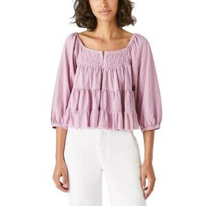 LUCKY BRAND Crop Blouse Sz L Purple Peasant Sleeve Square Neck Fringe Cotton Top